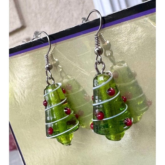 Christmas Tree Earrings Handmade Hand Painted Glass Hook New Festive One… - Picture 3 of 12